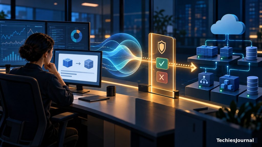 An operations engineer reviews an AI-proposed infrastructure action at a controlled approval boundary before it reaches production services.