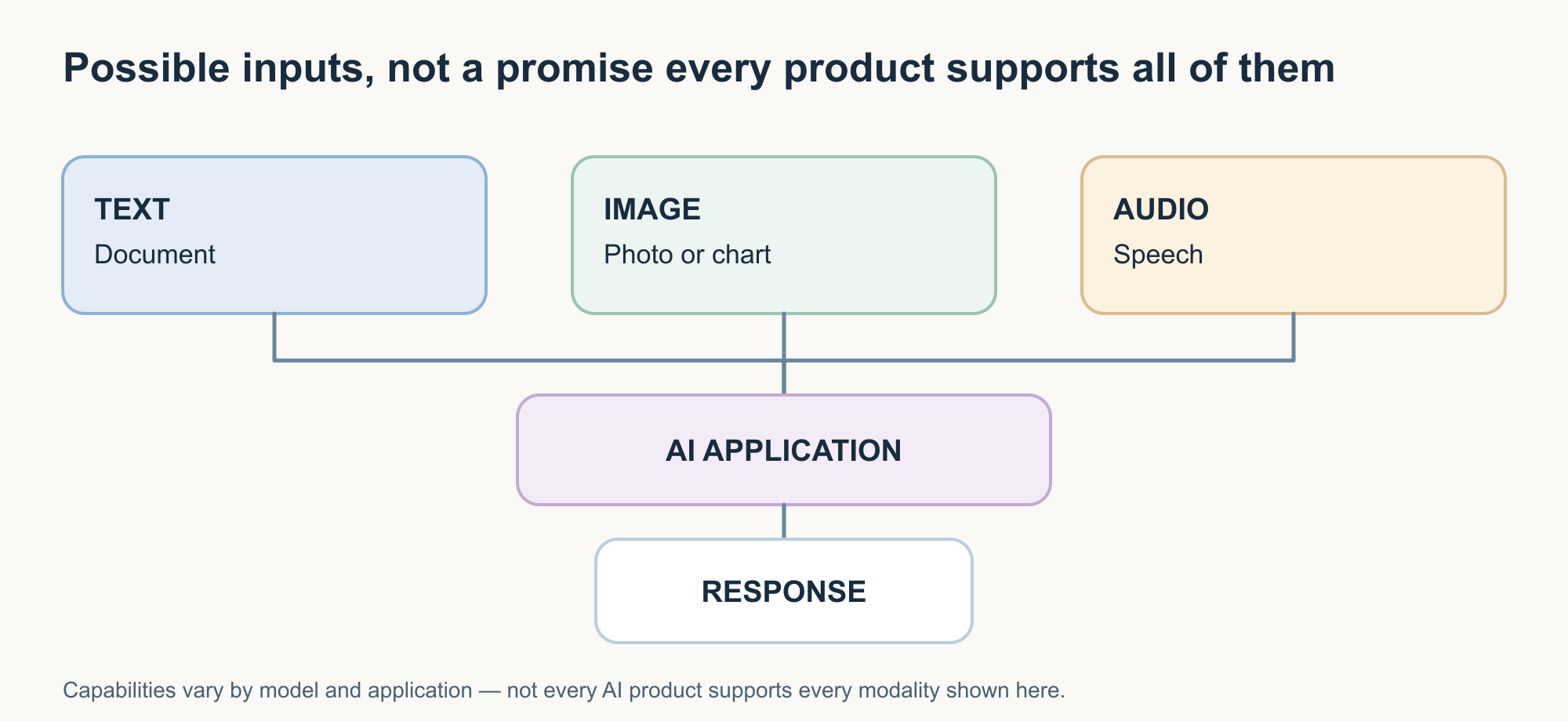 Three possible input types — text (a document), image (a photo or chart), and audio (speech) — feeding into an AI application, which produces a response.