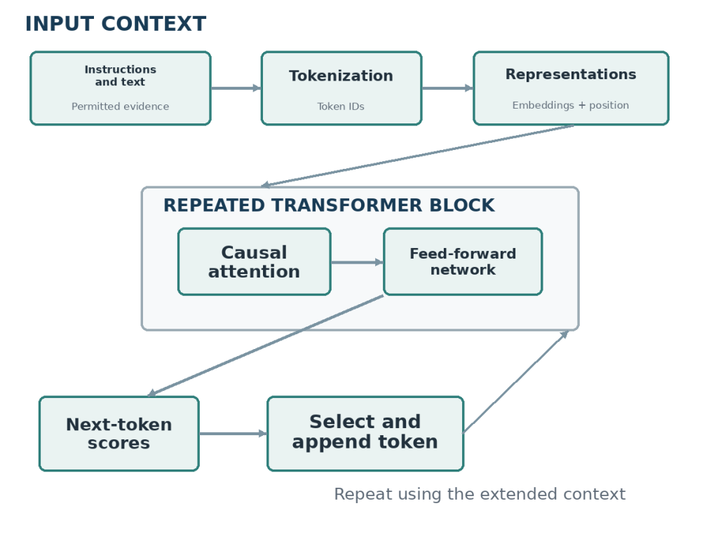 Figure 1. A conceptual decoder-only transformer. The repeated block omits normalization and residual connections for clarity. It is not a diagram of every model architecture.
