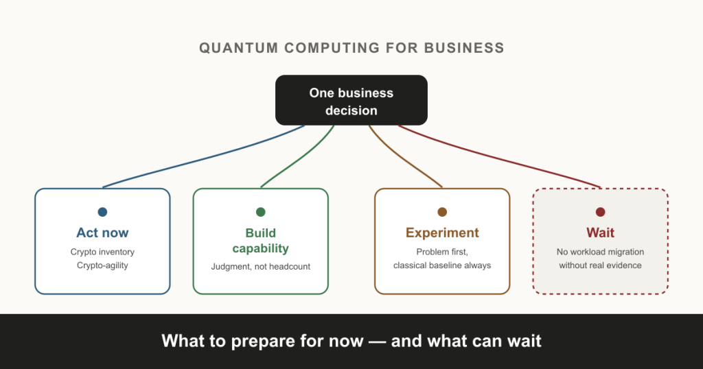 Diagram: one business decision branching into four paths — act now (crypto inventory, crypto-agility), build capability, experiment (problem first, classical baseline always), and wait (no workload migration without real evidence). Caption: What to prepare for now, and what can wait.