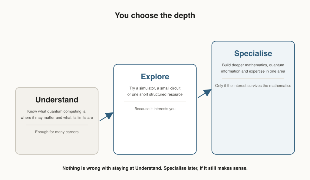 Three levels of quantum-computing engagement for students: understand the concepts, explore through practical experiments, and specialise only if deeper study makes sense.