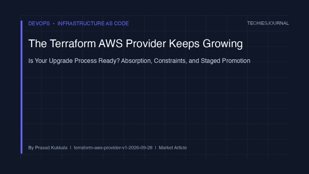 Decision pipeline for Terraform AWS Provider upgrades showing release review, lock-file checks, module testing, and staged promotion.