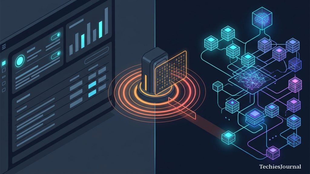 Conceptual illustration, not a real incident. On the left, a bank-style account dashboard with charts and settings panels. On the right, a glowing network of linked AI system nodes with a brain symbol at the top. Between them stands an access-control checkpoint with concentric orange rings and a data panel, and a red beam from the network is stopped at the checkpoint before it reaches the account side.