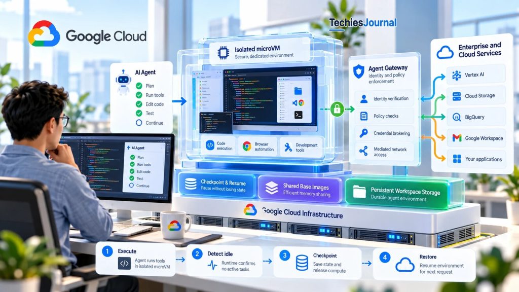 Illustration of an engineer at a desk looking at a monitor, in front of a layered diagram on Google Cloud infrastructure. An AI Agent panel lists Plan, Run tools, Edit code, Test and Continue. It connects to an Isolated microVM, a secure dedicated environment showing a code editor, with Code execution, Browser automation and Development tools. An Agent Gateway panel for identity and policy enforcement lists Identity verification, Policy checks, Credential brokering and Mediated network access, and connects to Enterprise and Cloud Services: Vertex AI, Cloud Storage, BigQuery, Google Workspace and Your applications. Three bars under the microVM read Checkpoint and Resume, Shared Base Images and Persistent Workspace Storage. A four-step strip reads Execute, Detect idle, Checkpoint and Restore. The Google Cloud logo and a Google Cloud mug appear in the picture.