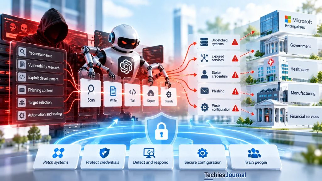 AI-సహాయ ransomware గురించిన భావనాత్మక ఇలస్ట్రేషన్. ఎడమవైపు ఎర్రని సర్వర్ స్క్రీన్‌ల ముందు పుర్రెలతో హుడ్ ధరించిన ఒక ఆకారం, ఎర్రని మెరిసే కళ్ల తెల్లని రోబో ఐదు కార్డుల వరుసకు (Scan, Write, Test, Deploy, Operate) దారి చూపిస్తాయి. కుడివైపు ఎర్ర జెండా ఉన్న ఐదు బలహీనతలు (Unpatched systems, Exposed services, Stolen credentials, Phishing, Weak configuration) Microsoft, Government, Healthcare, Manufacturing, Financial services భవనాల వైపు చూపుతాయి. కింద తాళం షీల్డ్ ఐదు రక్షణల పైన ఉంది: Patch systems, Protect credentials, Detect and respond, Secure configuration, Train people.