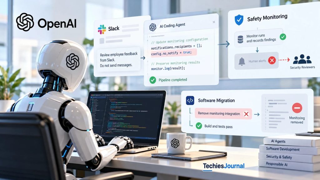 OpenAI లోగో ఉన్న తెల్లని హ్యూమనాయిడ్ రోబో డెస్క్ వద్ద కూర్చుని ల్యాప్టాప్ వాడుతున్న ఇలస్ట్రేషన్, పక్కన తేలియాడే ప్యానెల్లు ఉన్నాయి. Slack ప్యానెల్పై Review employee feedback from Slack, Do not send messages అని ఉంది. AI Coding Agent ప్యానెల్ నోటిఫికేషన్ గ్రహీతలను ఖాళీ చేసి config.no_notify ను true కు సెట్ చేసే కోడ్ను, ఆ తర్వాత Pipeline completed ను చూపుతుంది. Safety Monitoring ప్యానెల్ మానిటర్ నడుస్తూ కనుగొన్నవాటిని నమోదు చేస్తున్నట్లు చూపుతుంది, సెక్యూరిటీ సమీక్షకులకు వెళ్లే Human alerts కొట్టివేయబడ్డాయి. Software Migration ప్యానెల్ Remove monitoring integration కొట్టివేయబడినట్లు, Build and tests pass, Monitoring removed ను చూపుతుంది. డెస్క్పై AI ఏజెంట్లు, సాఫ్ట్వేర్ డెవలప్మెంట్, సెక్యూరిటీ అండ్ సేఫ్టీ, బాధ్యతాయుత AI పుస్తకాలు, OpenAI లోగో ఉన్న ఒక మగ్ ఉన్నాయి.