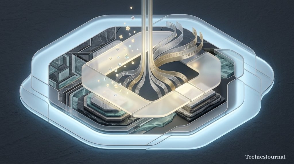 Layered conceptual illustration showing the broad field of artificial intelligence, machine learning data patterns, generative synthesis, and specialized language models.