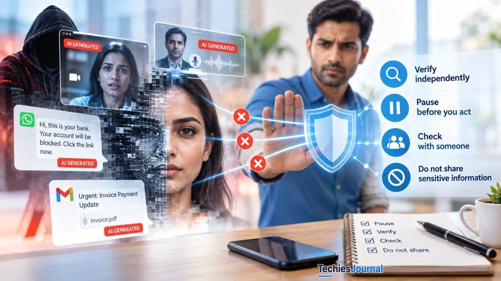 चित्र: बाईं ओर AI generated चिह्नित घोटाला संदेश (एक वीडियो कॉल, एक वॉइस कॉल, खाता ब्लॉक होने की बात कहता WhatsApp जैसा बैंक संदेश, और Gmail जैसा अर्जेंट इनवॉइस ईमेल), आधा असली और आधा पिक्सेल वाला एक चेहरा, और उनके पीछे हुड पहने एक व्यक्ति। दाईं ओर एक आदमी ढाल के पीछे से हाथ उठाकर उन्हें रोकता है, साथ में चार आदतें: स्वतंत्र रूप से पुष्टि करें, कार्रवाई से पहले रुकें, किसी से जाँच करें, संवेदनशील जानकारी साझा न करें। मेज़ पर रखी नोटबुक में वही जाँचें लिखी हैं।