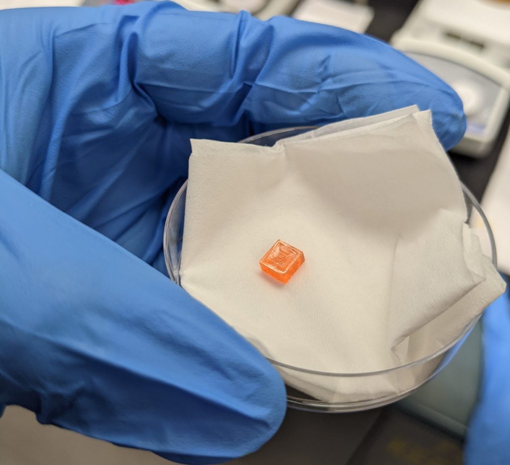 Petri dish లో దీర్ఘచతురస్ర perovskite crystal.