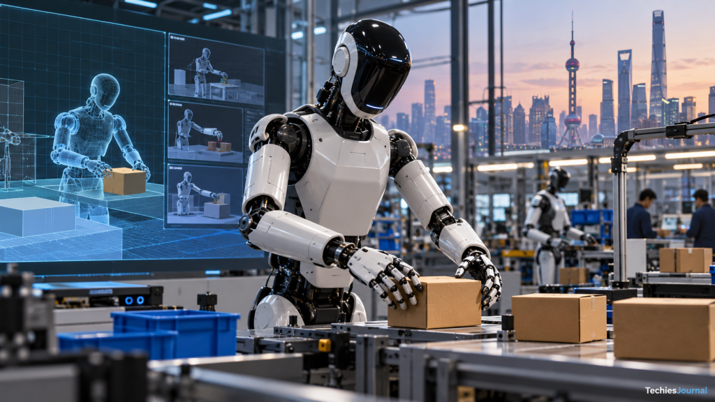 Conceptual illustration of a humanoid robot handling packages beside a virtual robotics training environment.