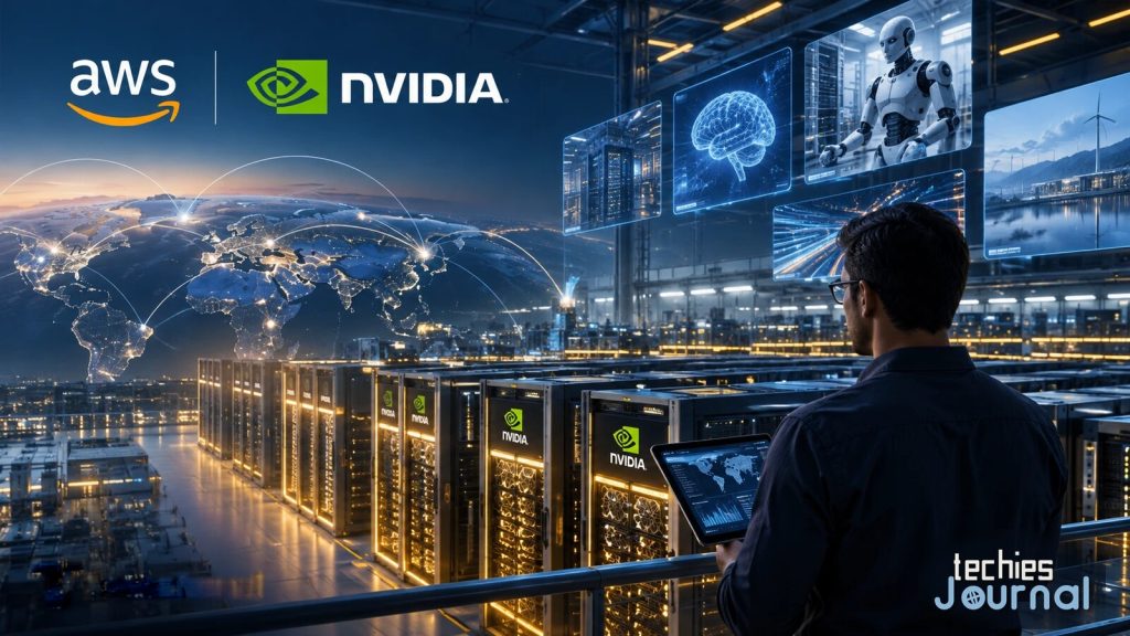 A night view of a large data centre. A person with a tablet looks along rows of server racks marked NVIDIA, with a glowing map of the world and its network links behind. Floating screens show a server rack, a brain, a humanoid robot and a wind farm. The AWS and NVIDIA logos appear at the top left.