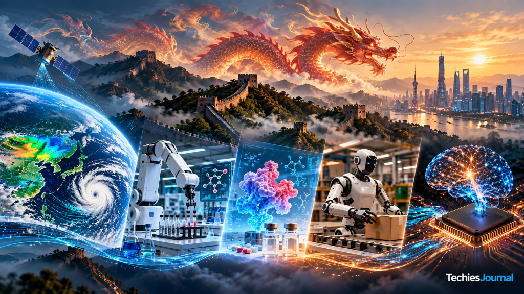 Editorial composition of a satellite weather view, a robotic laboratory arm, a molecular model, a factory robot and a glowing brain over a Chinese landscape. Review only, not approved.