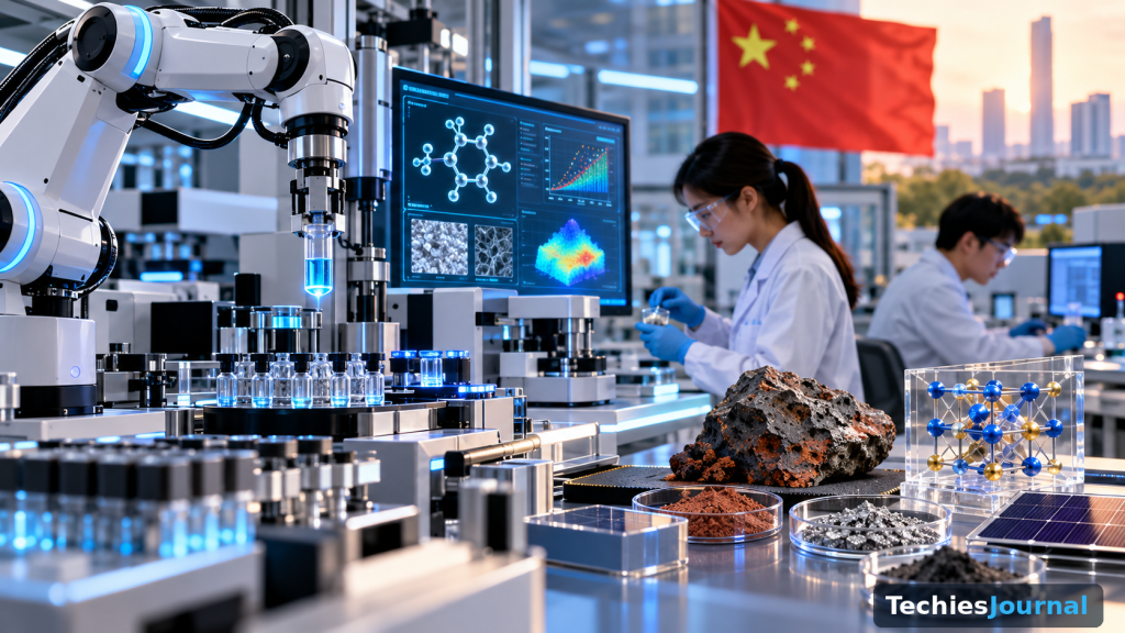 Illustration of an automated materials-research laboratory with a robotic arm, scientific samples, researchers and AI-assisted analysis in a Chinese research setting.