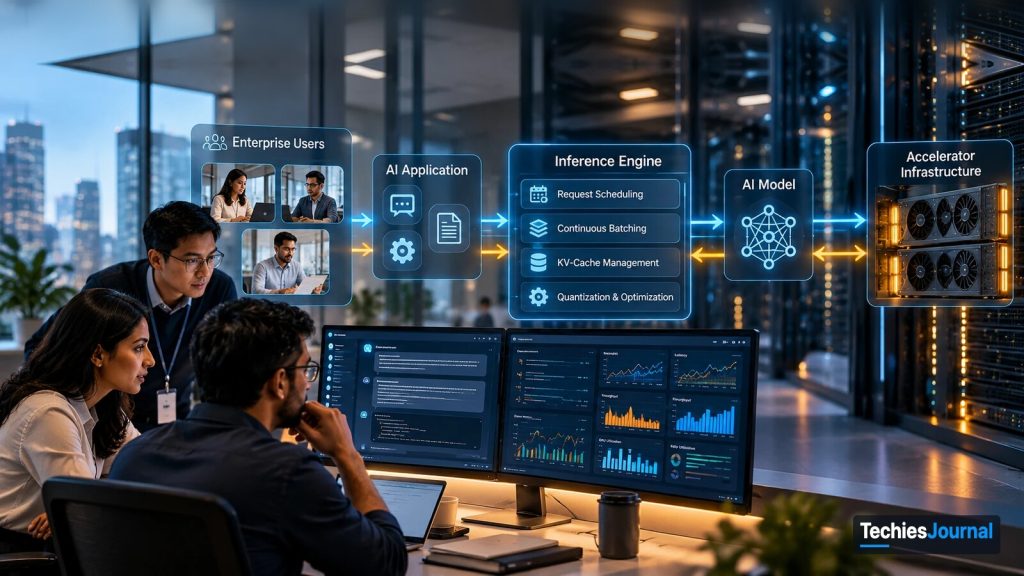 Illustrated AI serving stack in a data-centre-style office. A left-to-right flow runs from enterprise users to an AI application, an inference engine, an AI model and accelerator infrastructure. The inference engine panel lists request scheduling, continuous batching, KV-cache management and quantization and optimization. Three engineers review a chat screen and a metrics dashboard showing latency, throughput, GPU utilization and cache utilization.