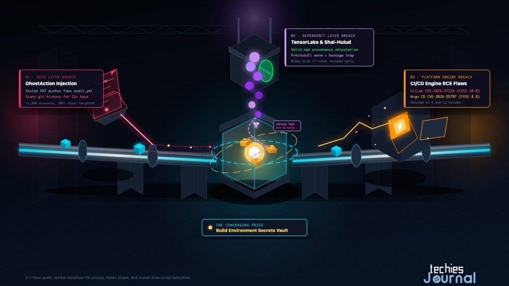 Illustration of a build pipeline with a glowing secrets vault at its centre and three labelled entry points: a fake workflow file injected at the repository on the left, a package with a hostage trap dropping in from above, and a CI platform flaw on the right, all converging on the vault.