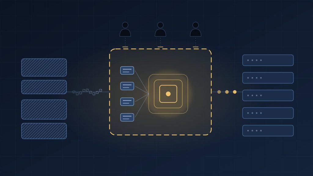 encrypted enterprise data ఒక రక్షిత computing environment లోకి ప్రవేశిస్తుండగా, అక్కడ automated AI safety విశ్లేషణ జరుగుతూ, human operators data-access boundary బయటే ఉండటాన్ని చూపే editorial చిత్రం.