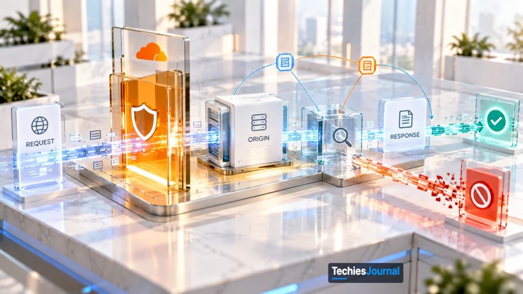 A marble tabletop model of a request passing a security panel and an origin server. From the left, a REQUEST card faces an orange glass panel carrying a shield and a cloud icon. Beyond it stand a white server cube labelled ORIGIN, a glass cube with a magnifier glass, and a RESPONSE card. Two small document icons, one blue and one orange, are joined by curved lines to the magnifier cube. A stream of light continues to a green tile with a check mark, and a second stream of red fragments leads to a red tile with a prohibition sign.