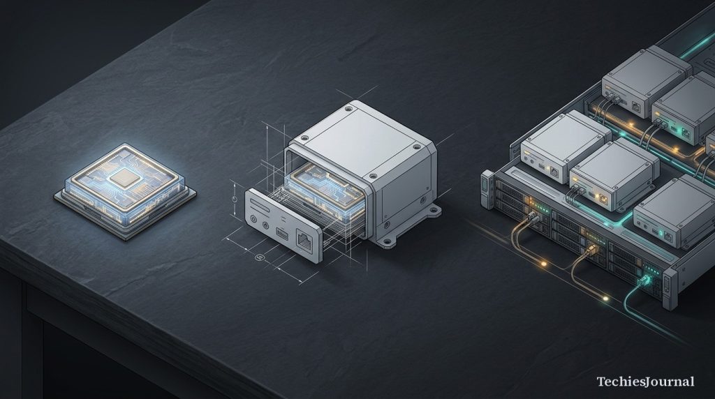 Three-stage infrastructure progression showing isolated process execution, standardized container packaging, and coordinated multi-node cluster orchestration.
