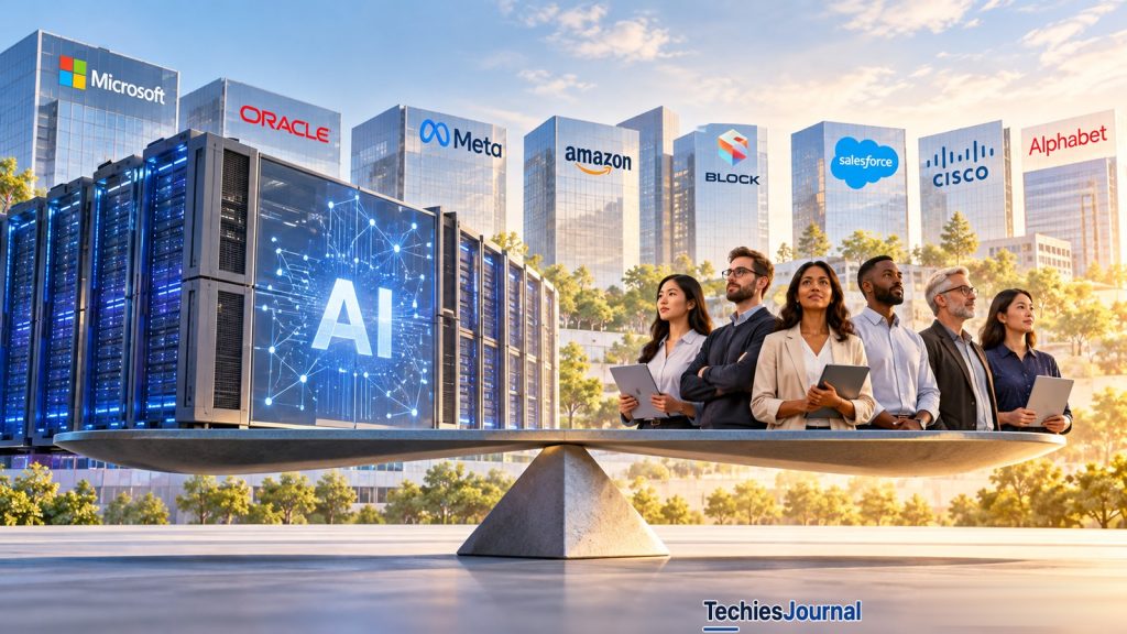 AI डेटा सेंटर इन्फ्रास्ट्रक्चर और तराज़ू पर संतुलित टेक्नोलॉजी पेशेवरों के समूह का संपादकीय चित्रण, पीछे इमारतों पर बड़ी टेक्नोलॉजी कंपनियों के नाम।