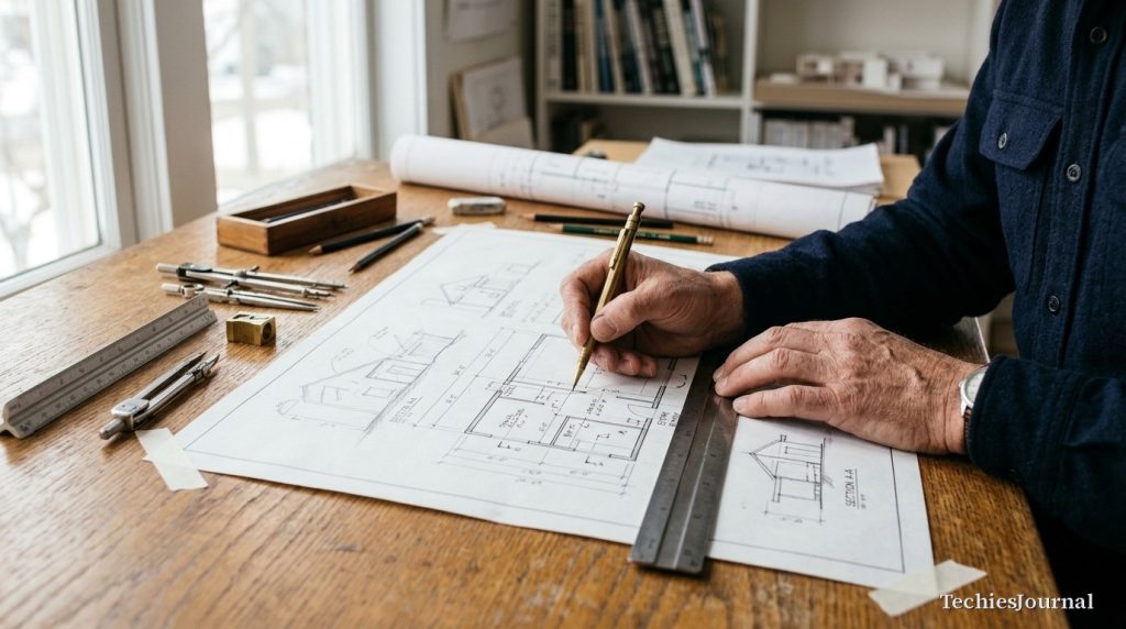 Architectural drafting desk illustrating the refinement of rough prompts into disciplined context engineering, problem decomposition, and systematic output evaluation.