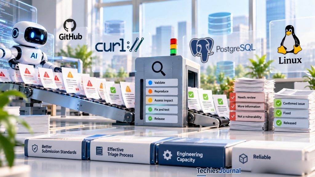Bright editorial illustration showing AI-generated security reports passing through a validation and release process, with curl, PostgreSQL and GitHub references.