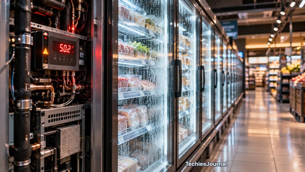 चित्रात्मक सुपरमार्केट रेफ्रिजरेशन गलियारा, जिसमें उपकरण और कंट्रोलर पर असामान्य तापमान प्रदर्शित है।
