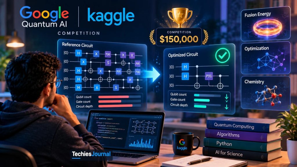 Illustration of a developer at a desk studying two floating circuit panels. The reference circuit has long red bars for qubit count, gate count and circuit depth. The optimized circuit beside it has a green check mark and much shorter bars. Around them are the Google Quantum AI and Kaggle competition logos, a trophy with a 150,000 dollar prize, cards for fusion energy, optimization and chemistry, and books on quantum computing, algorithms, Python and AI for science.