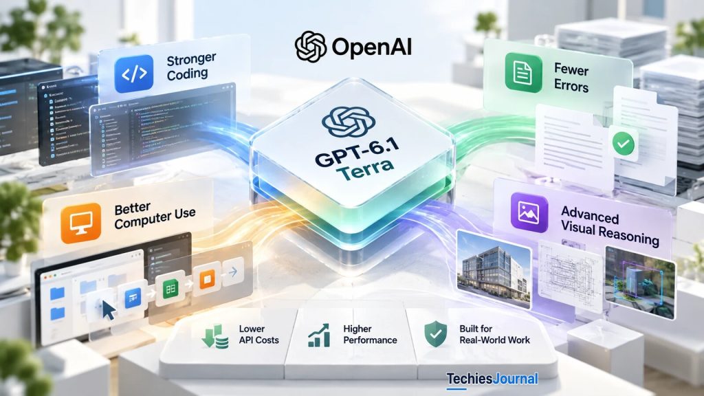GPT-6.1 Terra గురించిన ప్రచార శైలి ఇలస్ట్రేషన్: OpenAI లోగో కింద GPT-6.1 Terra అని రాసిన గాజు క్యూబ్, చుట్టూ నాలుగు ప్యానెల్లు, Stronger Coding, Fewer Errors, Better Computer Use, Advanced Visual Reasoning, వాటి కింద Lower API Costs, Higher Performance, Built for Real-World Work అని రాసిన పట్టీ.