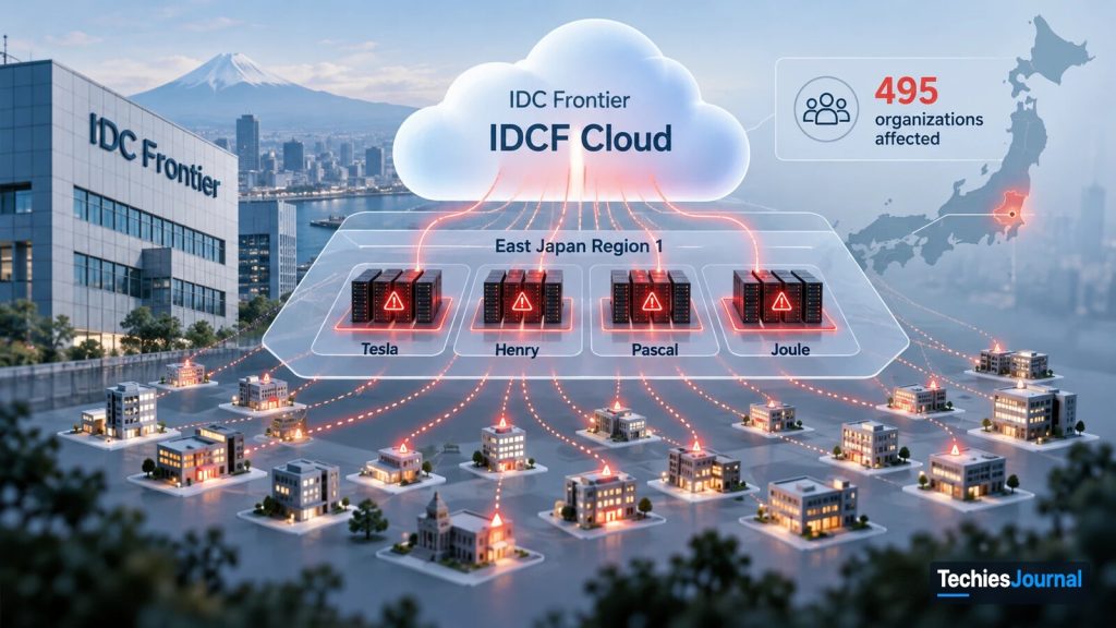 ఘటన యొక్క చిత్రీకరణ. IDCF Cloud అని రాసిన ఒక క్లౌడ్ కింద East Japan Region 1 అని రాసిన ఒక ప్యానెల్ ఉంది. అందులో Tesla, Henry, Pascal, Joule అనే నాలుగు సర్వర్ గ్రూపులు ఉన్నాయి, ప్రతిదానిపై ఎరుపు హెచ్చరిక గుర్తు ఉంది. ఆ ప్యానెల్ నుంచి అనేక చిన్న కార్యాలయ, ప్రభుత్వ భవనాలకు ఎరుపు చుక్కల రేఖలు వెళ్తున్నాయి, ప్రతి భవనంపై హెచ్చరిక గుర్తు ఉంది, 495 organizations affected అని ఒక కాల్అవుట్ ఉంది. IDC Frontier అని రాసిన భవనం, Mount Fuji, Japan పటం నేపథ్యంగా ఉన్నాయి.