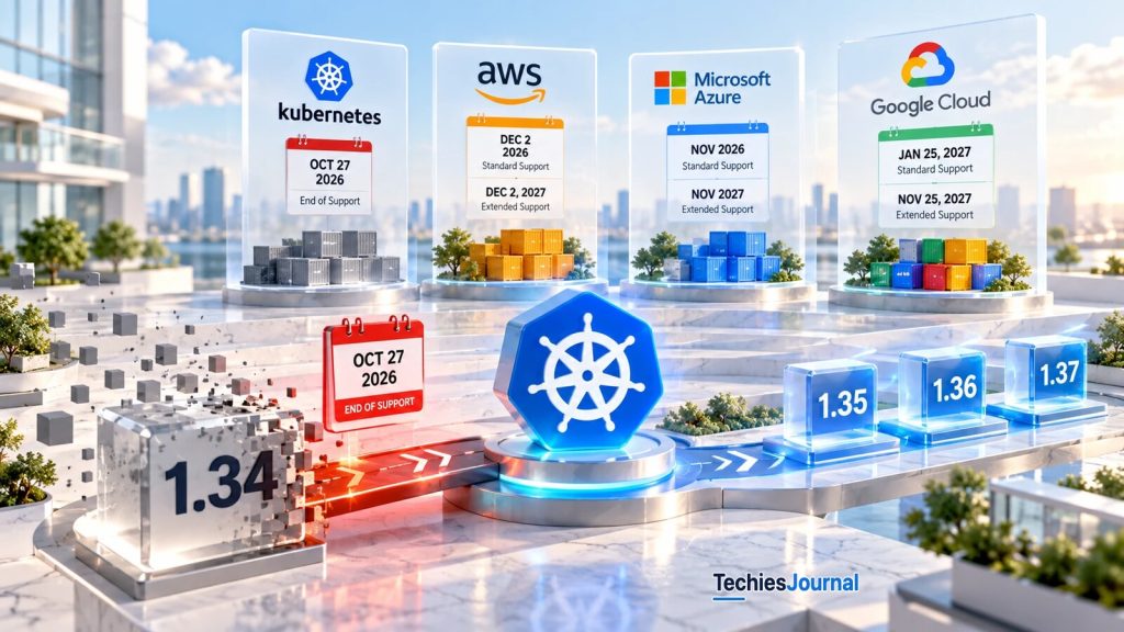 Illustration of Kubernetes 1.34 reaching end of support. Four glass panels carry the Kubernetes, AWS, Microsoft Azure and Google Cloud logos, each over a calendar: Kubernetes OCT 27 2026 End of Support, AWS DEC 2 2026 Standard and DEC 2, 2027 Extended, Azure NOV 2026 Standard and NOV 2027 Extended, Google Cloud JAN 25, 2027 Standard and NOV 25, 2027 Extended. In front, a crumbling 1.34 block with an OCT 27 2026 End of Support calendar moves past a Kubernetes helm emblem toward blue 1.35, 1.36 and 1.37 blocks.