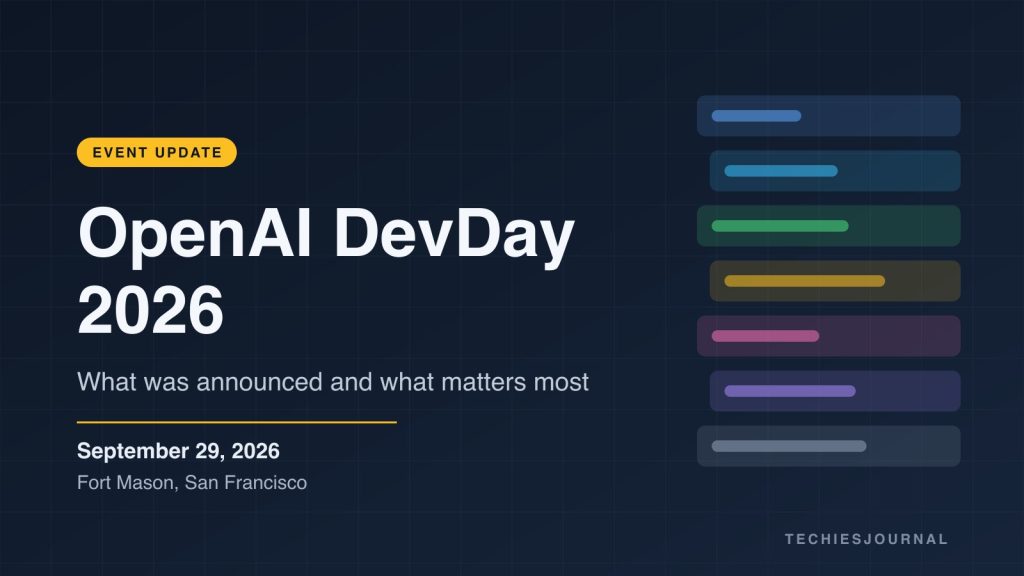 సెప్టెంబర్ 29, 2026న San Francisco లోని Fort Mason లో జరిగిన OpenAI DevDay 2026 కోసం ఈవెంట్ సమాచార గ్రాఫిక్.