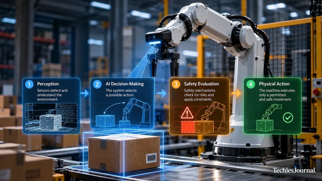 Illustration of an industrial robot arm lifting a parcel in a warehouse, with four steps overlaid: perception, AI decision-making, safety evaluation and physical action.