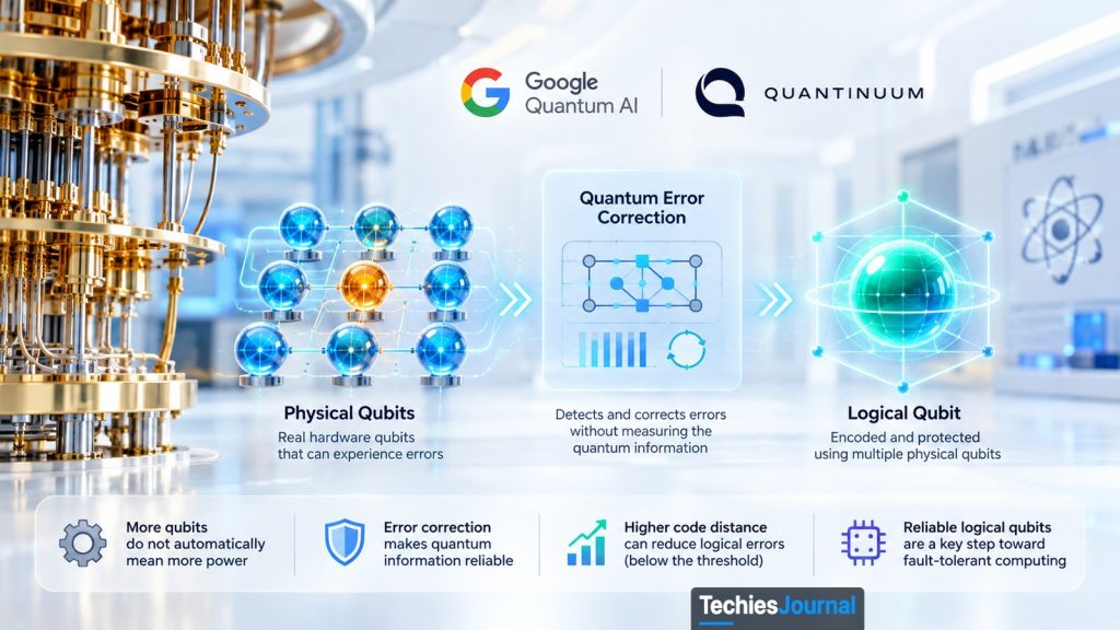 Quantum processor hardware alongside physical qubits, error correction, and a protected logical qubit.