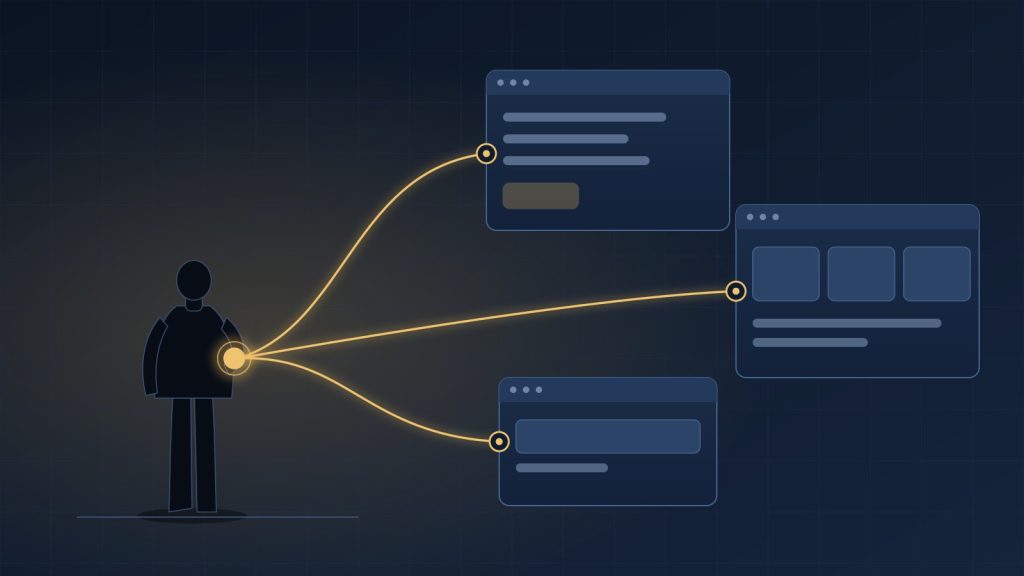 संपादकीय चित्र, जिसमें एक user एक authorized AI subscription को कई third-party applications में साथ ले जा रहा है, बजाय इसके कि हर application अपना अलग AI connection रखे।