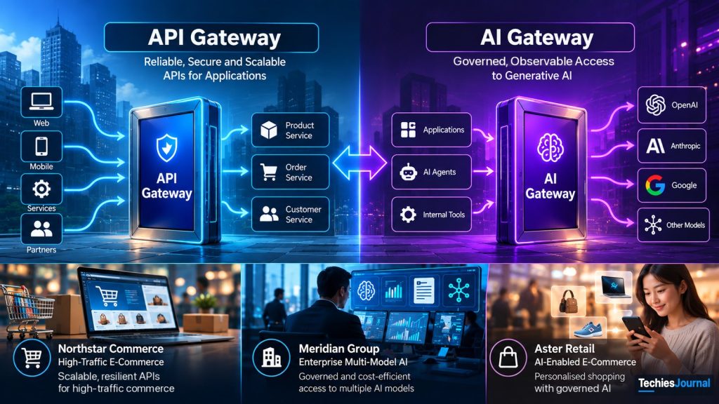 दो gateways की तुलना करता infographic. बाईं ओर API gateway web, mobile, services और partners से आने वाली requests लेकर उन्हें product, order और customer services तक भेजता है। दाईं ओर AI gateway applications, AI agents और internal tools से आने वाली requests लेकर उन्हें OpenAI, Anthropic, Google और अन्य models तक भेजता है। नीचे तीन panels Northstar Commerce, Meridian Group और Aster Retail case studies दिखाते हैं।