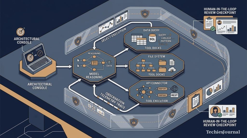 Operational control console illustrating an AI agent receiving goals, reasoning over bounded tools, observing environment feedback, and iterating under human oversight.